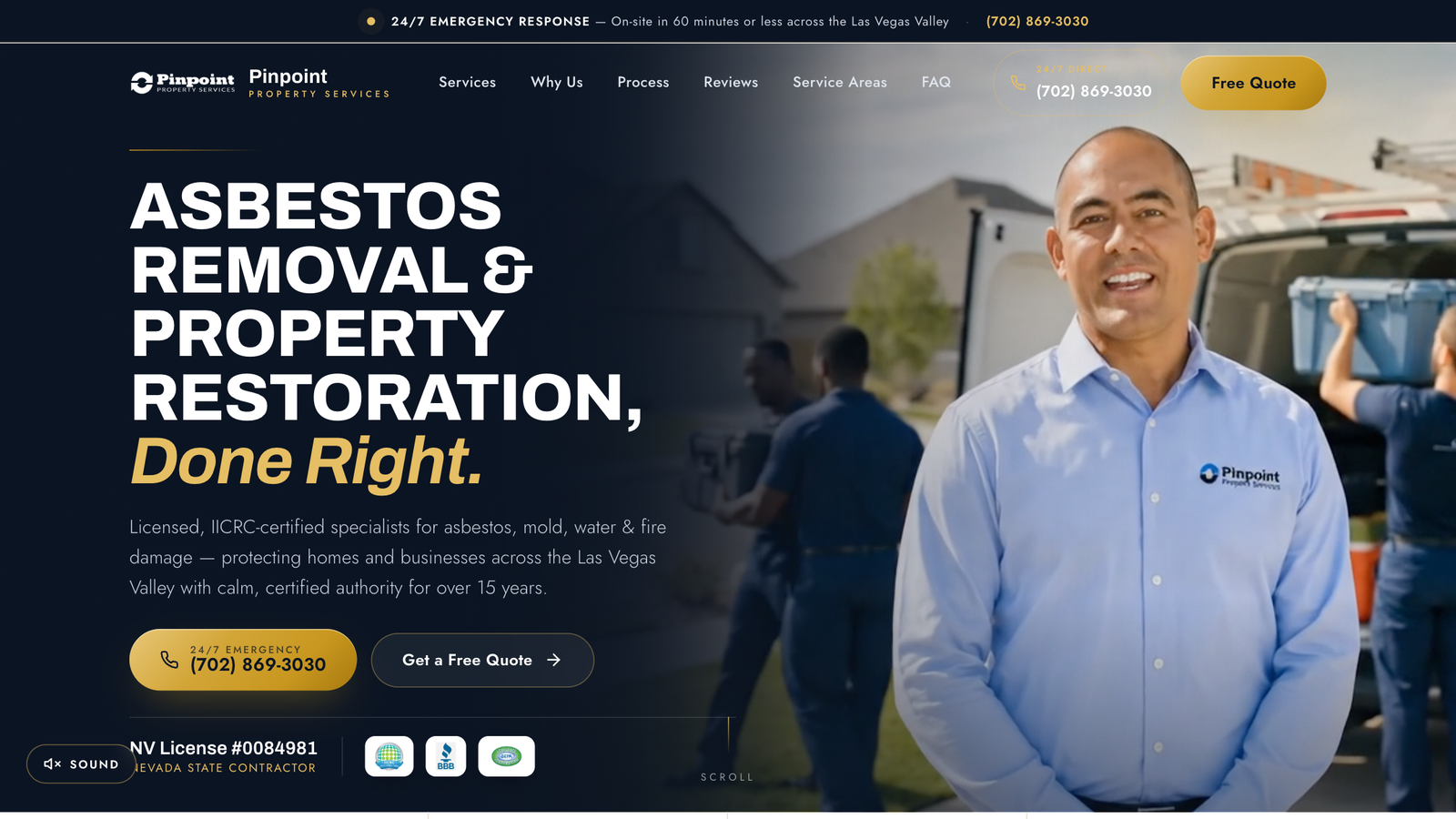 Pinpoint Property Services restoration website — navy and gold hero with click-to-call